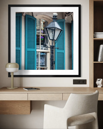 French Quarter Gas Lamp & Teal Shutters Wall Art | New Orleans Architecture Photography Print
