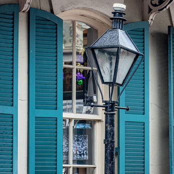 French Quarter Gas Lamp & Teal Shutters Wall Art | New Orleans Architecture Photography Print