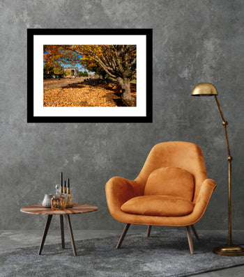 A framed artwork featuring a tree with autumn leaves in front of an old bank building, displayed on a wall above a modern orange chair with a gold lamp and a wooden side table with a small decorative item.