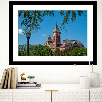 Samford Hall wide-angle photography, street lamp foreground, Auburn University campus art décor.