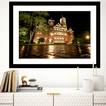 Samford Hall night photography with street reflection, Auburn University Alabama art décor canvas and prints.