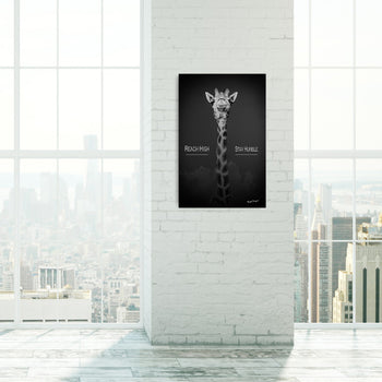 A canvas poster featuring a giraffe with the words 'reach high' and 'stay humble' displayed in a minimalist style setting.