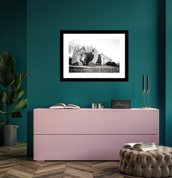 Black and white photograph of the unique sculpture in front of the Huntsville Museum of Art in Huntsville, Alabama, highlighting modern artistic design.