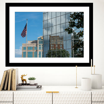 Downtown Huntsville photograph featuring PNC Bank and American Flag.