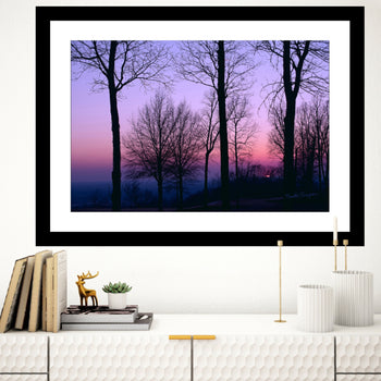 A framed art print depicting a sunset with purple and pink hues over a forest of trees, displayed on a wall above a bookshelf with books and decorative items.