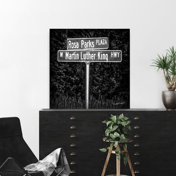 A framed poster of a street sign at the intersection of Rosa Parks Way and Martin Luther King Jr. Blvd, with a black and white color scheme, displayed on a wall above a wooden cabinet with a potted plant on it.