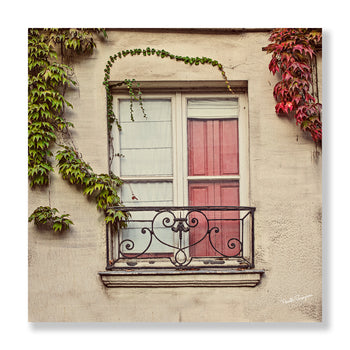 Paris Vintage Window with Red Door and Vine Wall – Photography Print & Canvas