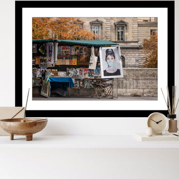 Seine River Paris bouquinistes outdoor booksellers with magazine stand, Paris street photography print.