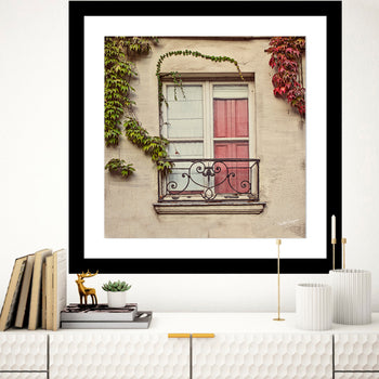 Paris vintage window with red door and green and red vines on wall, photography print and canvas