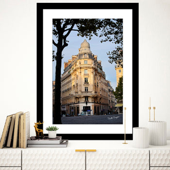 A framed art print featuring a vintage building in Paris, displayed on a wall above a bookshelf with a plant and decorative items.